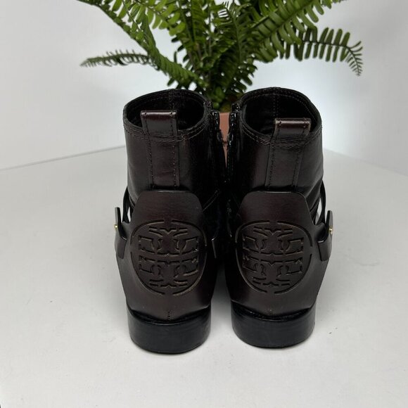 Tory Burch Colton Flat Leather Bootie Dark Brown logo Size 6 - Picture 4 of 15